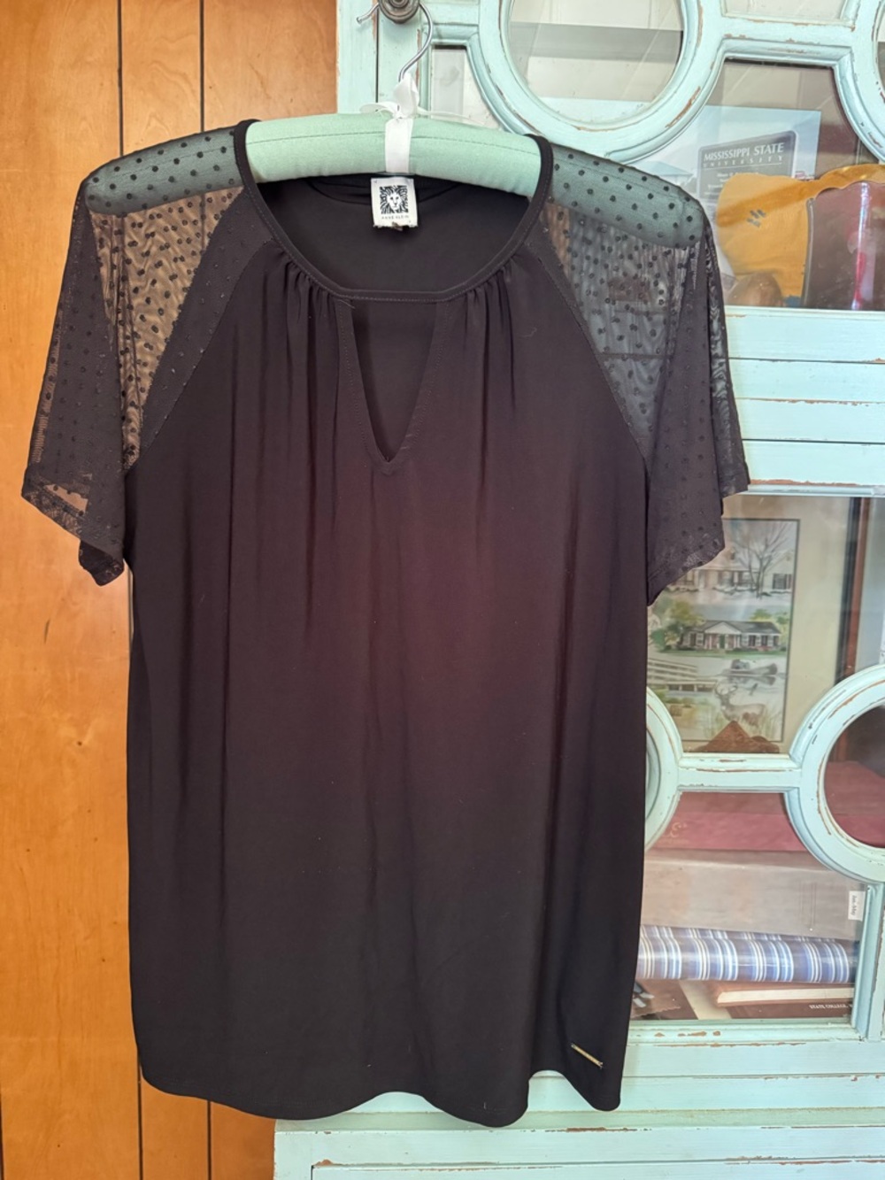 Anne Klein Black Short Sleeve Keyhole Top with Sheer Dot Shoulders